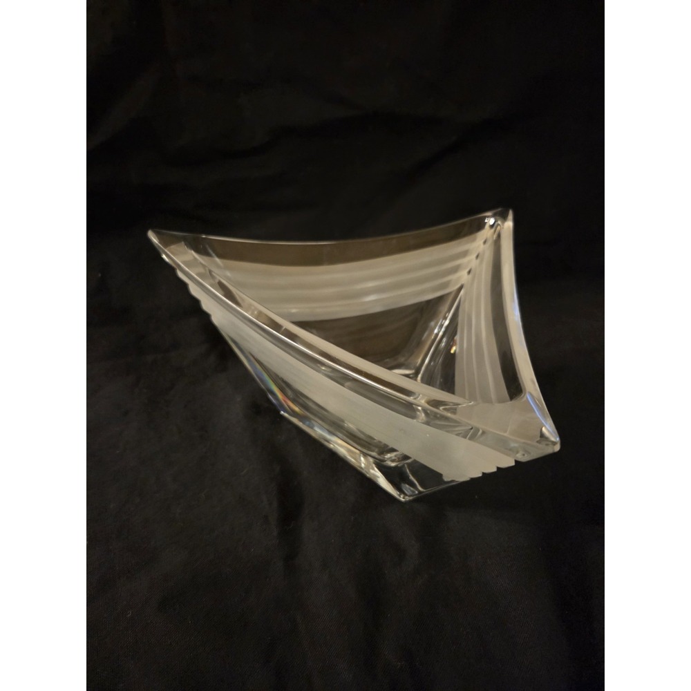 Heavy Crystal Triangular Bowl Frosted Geometric Modernist Art Glass Centerpiece